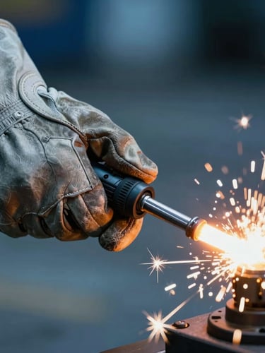 Extreme close-up of heavy-duty split-leather welding gloves holding a glowing torch, dramatic cool blue and silver lighting with bright spark trails in the background.