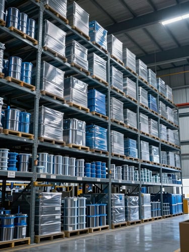 Wide-angle high-contrast shot of a massive, organized UAE industrial warehouse with steel racks loaded with welding consumables, cool blue and silver lighting.