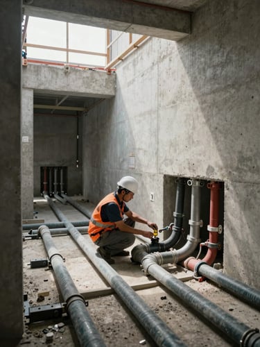 Wide shot of electrical conduit runs and hydraulic piping installed inside a concrete wall cavity at an active commercial build, natural daylight through open floor slab above, worker crouching to inspect connections, no smiling or posed interaction