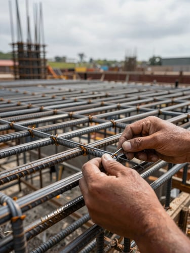 Close-up of steel rebar lattice being assembled on a construction site, overcast natural daylight, hands of a worker tying wire visible in the foreground, concrete formwork in the background, no staged poses