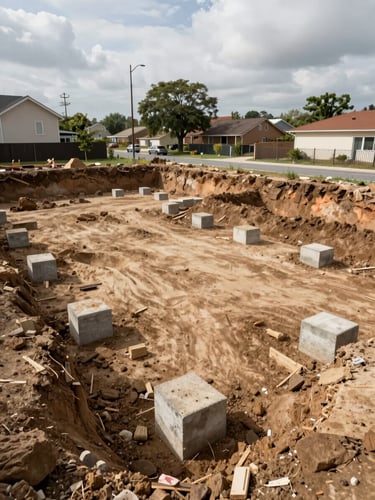 Residential plot at early excavation phase, raw earthworks visible, concrete pile caps partially cast, natural overcast daylight, wide shot showing full site boundary with adjacent street in background