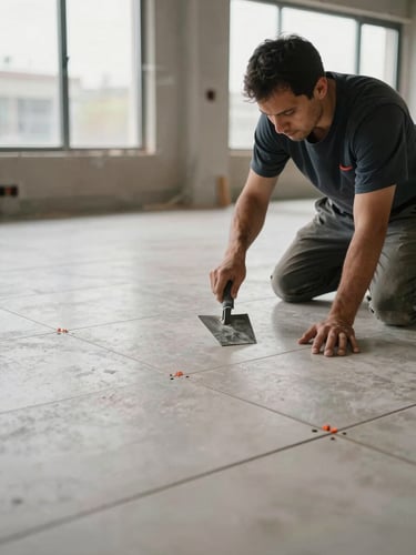 Eye-level shot of a worker applying floor tile on a commercial interior under construction, natural daylight from large windows, tile spacers visible, trowel mid-motion, no faces turned to camera