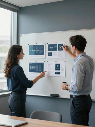 Medium shot of two professionals in a modern meeting room reviewing brand identity mockups pinned to a whiteboard, natural daylight from side windows, focused working posture, muted blue-grey environment