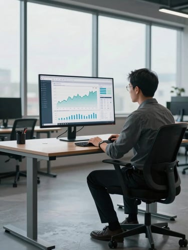 Wide shot of a professional at a standing desk in a minimal open office, large monitor showing an SEO analytics dashboard with traffic trend lines, cool daylight from large windows behind, focused and calm working environment