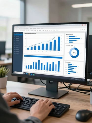 Wide-angle view of a clean corporate office monitor displaying a marketing analytics dashboard with blue and white charts, a professional's hands resting on a keyboard in the foreground, natural daylight from the left, sharp focus on the data visualization