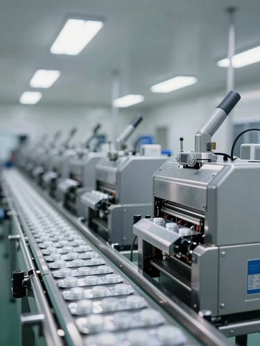 Panoramic view of a pharmaceutical packaging line under bright institutional lighting, blister-pack sealing machines in a row along a clean stainless conveyor, overhead fluorescent strips reflecting off polished surfaces, no personnel, industrial precision