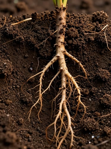 Macro photograph of a plant root system breaking through dark moist Indian soil, golden-hour side-light illuminating individual root hairs and soil particles, shallow depth-of-field, cinematic and tactile, no human figures, no products
