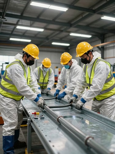 Wide shot of an industrial crew in full PPE — hard hats, safety vests, gloves — pulling electrical conduit through a steel panel inside a warehouse, overhead fluorescent lighting, active installation mid-process, tools visible, no posed looks at camera
