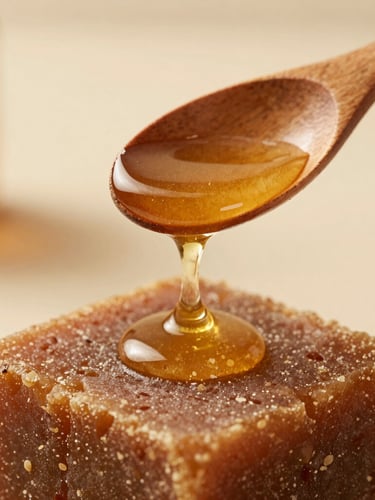 Macro close-up of golden prebiotic honey dripping from a carved wooden spoon onto a textured jaggery block, warm morning light, earthy muted tones.