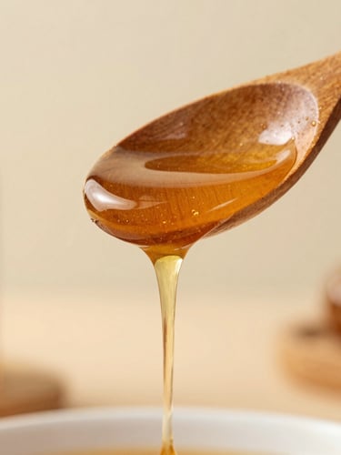 Macro close-up of golden prebiotic honey dripping slowly from a hand-carved wooden spoon, soft natural morning light, warm editorial photography, 35mm lens