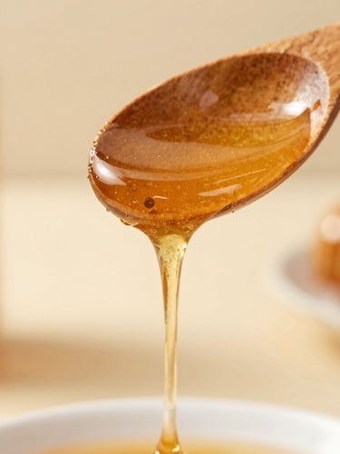 Macro close-up of raw golden prebiotic honey slowly dripping from a handcrafted wooden spoon, soft natural morning light, warm editorial photography, 35mm lens
