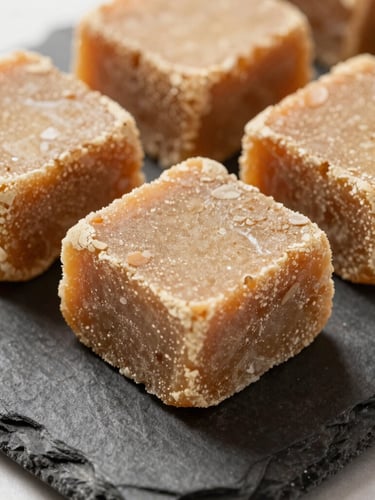Textured blocks of unrefined Himalayan jaggery resting on a dark slate stone slab, soft side morning light casting gentle shadows, macro texture, 35mm lens