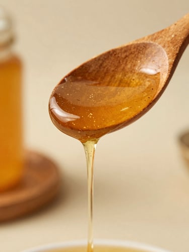 Macro close-up of golden raw Himalayan honey dripping slowly from a rustic wooden spoon, soft morning light, warm editorial photography, 35mm lens