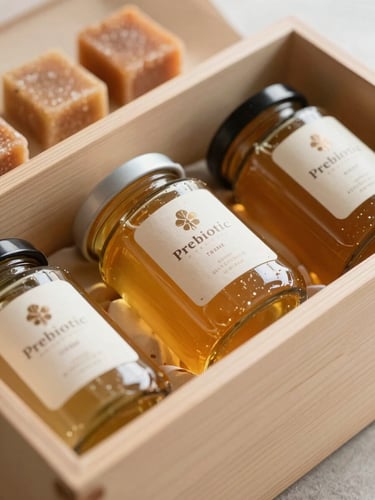 Elegant premium wooden corporate gift box filled with jars of golden prebiotic honey and organic jaggery blocks, soft morning light, macro texture, warm editorial photography, 35mm lens