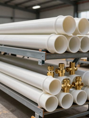 A clean, bright warehouse rack stacked with heavy-duty CPVC pipes, brass plumbing fittings, and electrical conduits in natural daylight, 35mm lens