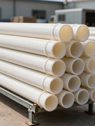 Sharp industrial photography, bright natural daylight, clean warehouse setting showing stacked PVC pipes and brass fittings on heavy steel racks, 35mm lens.