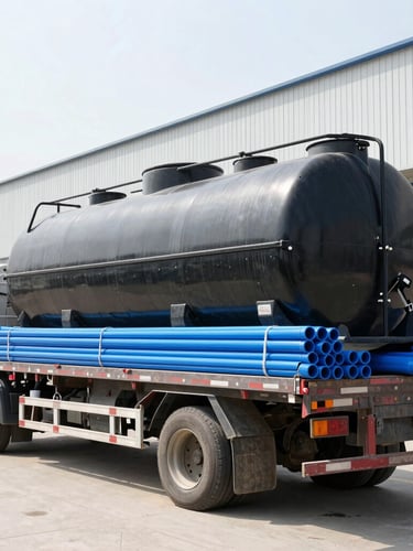 A flatbed truck being loaded with large black water tanks and bundles of blue CPVC pipes inside a bright, organized distribution yard, daylight, 35mm lens.