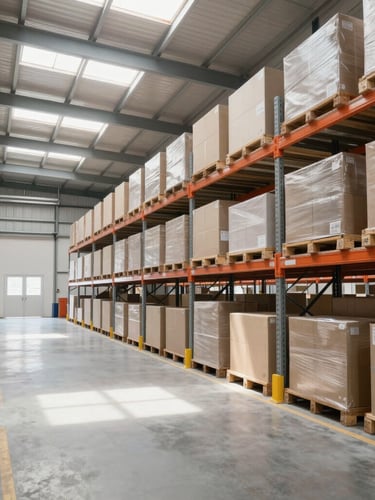 Wide environmental shot of a modern, bright logistics warehouse with high ceilings, natural daylight streaming through skylights, organized shelves, clean neutral tones.