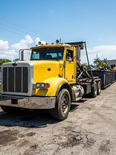 Low-angle heroic shot of a heavy-duty yellow roll-off dumpster truck in the bright South Florida sun, deep charcoal steel bins lined up behind it.
