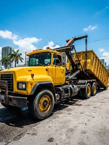 Low-angle heroic shot of a safety yellow roll-off dumpster truck operating in Miami under harsh midday sun, sharp focus