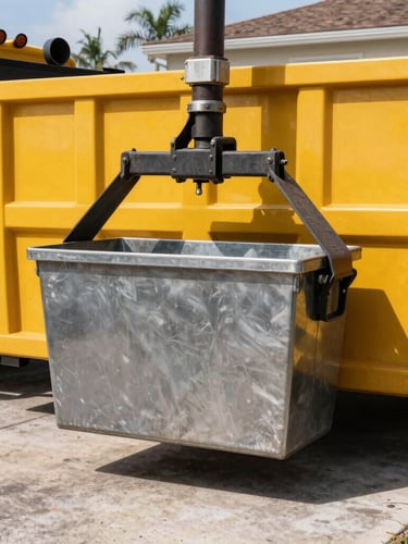 Close-up of truck hydraulics lifting a clean steel dumpster bin onto a residential driveway, harsh midday sun casting sharp shadows.