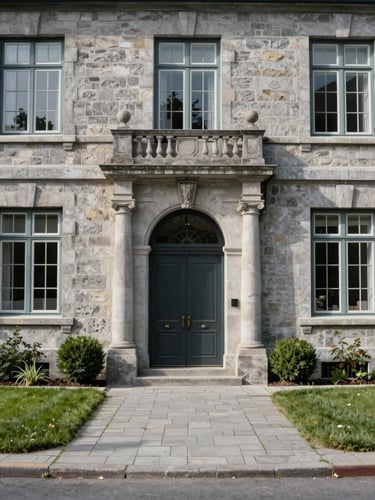 Photographie en lumière naturelle d'une entrée de résidence prestigieuse à Québec, pavé uni impeccable et pelouse parfaitement taillée, architecture de pierre locale.