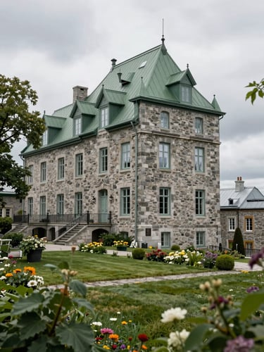 Grand angle d'une somptueuse propriété en pierre à Québec sous un ciel légèrement voilé, montrant un jardin impeccable et des fenêtres étincelantes.