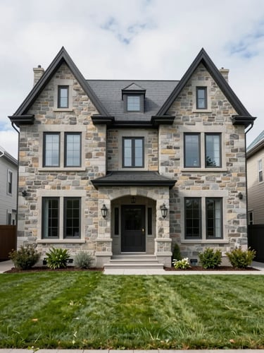 Symmetrical shot of a premium stone residence in Sillery, Québec City, under bright overcast daylight, featuring clean window reflections and a perfectly manicured front lawn.