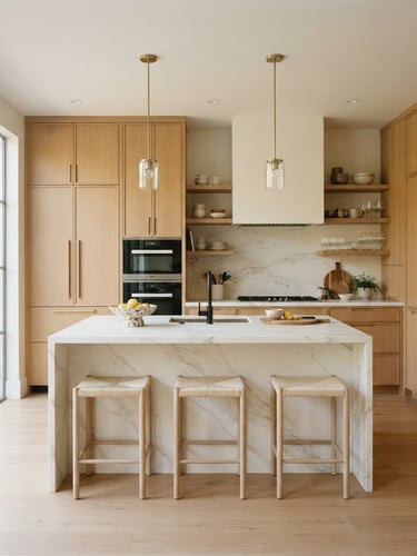 Straight-on architectural photograph of a bright, modern kitchen renovation, white marble island, minimalist oak cabinets, natural morning light.