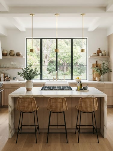 Straight-on architectural photography of a finished high-end kitchen remodel, natural soft daylight streaming through large windows, clean neutral tones, sharp focus, editorial style