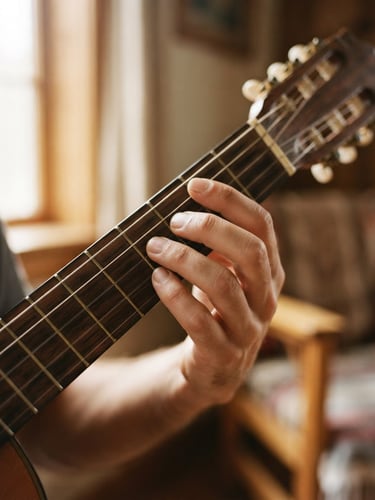 Intimate close-up of hands positioning on nylon guitar strings, warm natural light from a side window, rich wood textures of the classical guitar neck, shallow depth of field, 35mm film look.