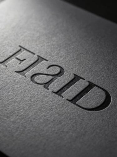 Extreme close-up of premium textured paper with debossed minimalist typography, sharp side-lighting, elegant dark gray shadow casting across the surface.