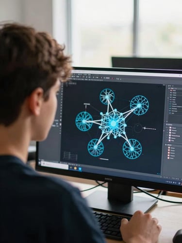 authentic editorial photography, natural daylight with subtle screen glow, over-the-shoulder shot of a teenager focused on a screen displaying a neural network architecture, cool high-contrast tones, 35mm