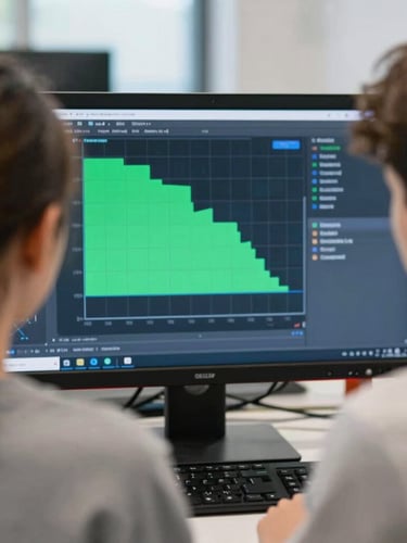 Over-the-shoulder shot of two focused teenagers analyzing a bright green and blue scatter plot visualization on a dark monitor in a modern workspace, 35mm, shallow depth of field, natural daylight with subtle screen glow