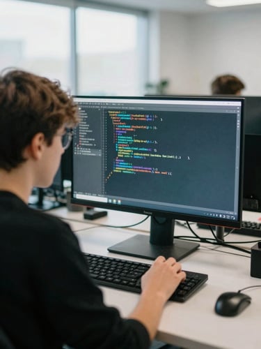 Over-the-shoulder shot of a focused teenager writing code on a large monitor, cool screen glow highlighting their face, modern collaborative workspace, 35mm photography.