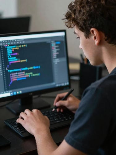 Over-the-shoulder shot of a focused teenager writing Python code in a dark, high-contrast room with neon blue screen glow, shallow depth of field, 35mm