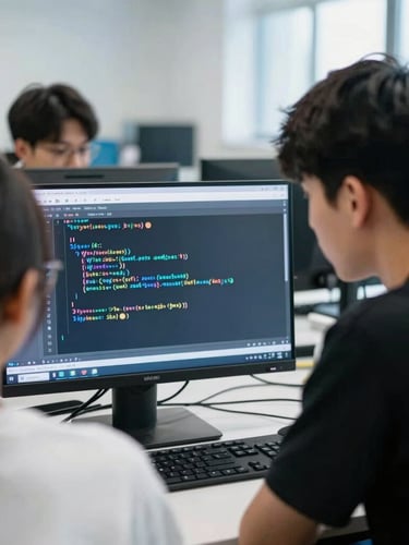 Over-the-shoulder shot of two focused teenagers analyzing lines of Python code on a glowing monitor in a modern, bright collaborative lab space, cool high-contrast tones, shallow depth of field, 35mm