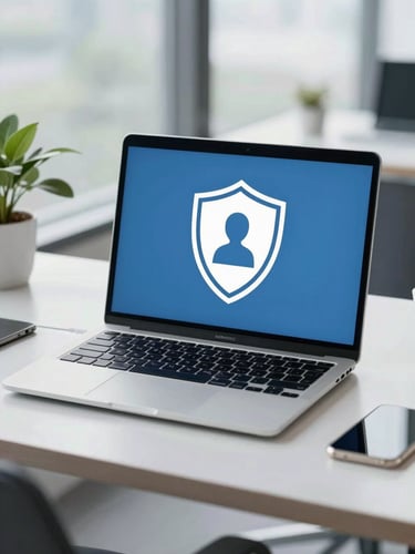 A modern office desk with a laptop displaying a clean security shield graphic, soft natural light, professional blue tones
