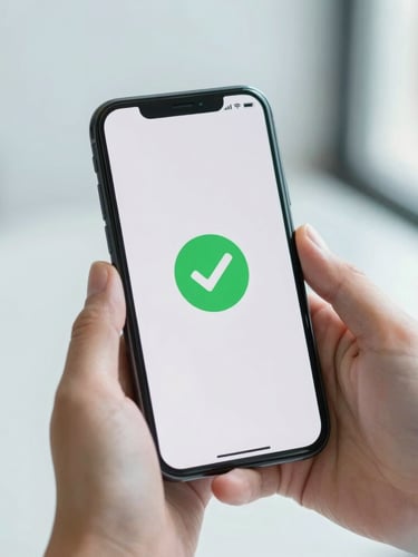 A close-up of hands holding a mobile phone showing a secure transaction screen with a green confirmation checkmark, soft natural light