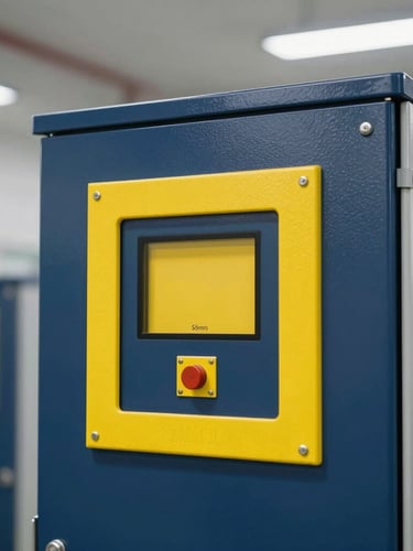Close-up of a safety control panel with high-contrast safety yellow accents and sharp focus, clean architectural lighting, 35mm