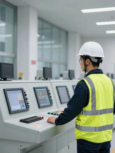 An industrial safety engineer in a clean white hard hat and high-visibility vest inspecting a modern automated control room, clean architectural photography, bright daylight, sharp focus, 35mm