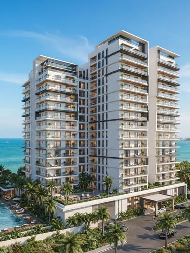 Wide architectural shot of a modern premium apartment building in Kakinada under bright clear coastal daylight, crisp white plastering, wide glass balconies, clean blue sky.