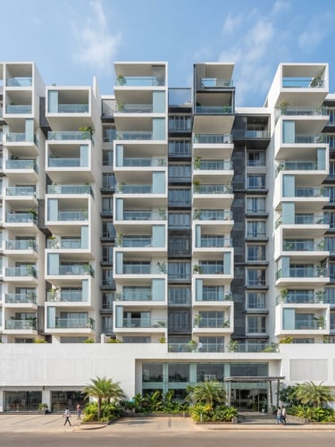 Bright architectural photography of a completed modern apartment building facade in Kakinada, crisp white plaster, clear coastal daylight, wide-angle lens