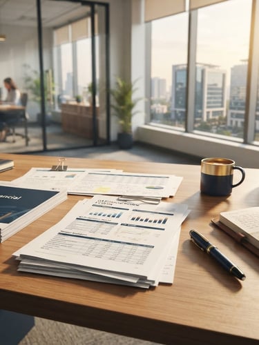 A bright, modern corporate office in Gurugram, warm morning sunlight streaming across a clean wooden desk with neatly organized financial documents and a professional pen, soft shadows, sharp focus, 35mm editorial style