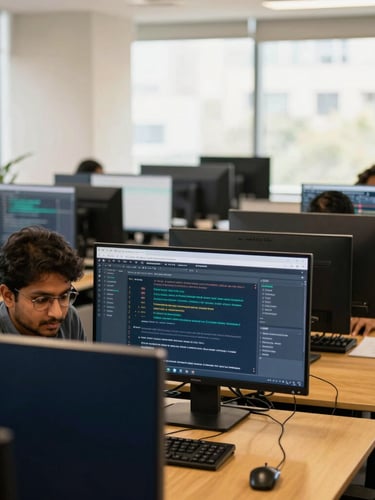 Medium-wide environmental shot of a modern Gurugram office, CAs collaborating over digital screens, bright natural office daylight, deep navy and gold tones, sharp focus, 35mm