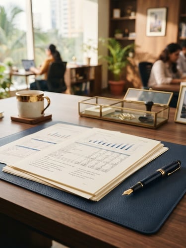 Warm editorial photography of a professional workspace in Bengaluru, neat financial documents and a fountain pen on a dark wood desk, soft natural daylight, sharp focus, 35mm