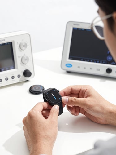 Close-up studio shot of a technician's hands carefully examining a smartwatch on a testing bench, surrounded by diagnostic equipment, bright white light, clean shadows.