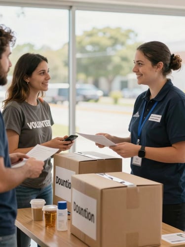 A neatly organized donation center drop-off, warm natural light, friendly interaction between a uniformed worker and a local volunteer, professional editorial style
