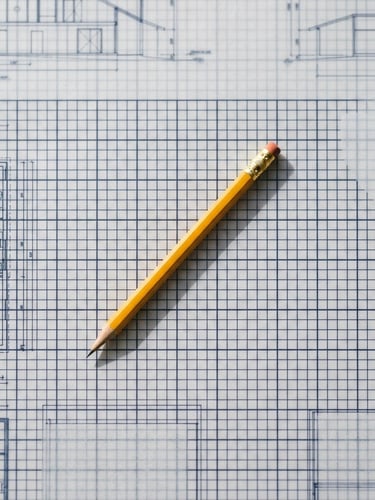 Overhead flat-lay of a minimalist architectural workspace, a single sharp yellow pencil resting on a clean grid blueprint, bright north-facing daylight, sharp focus, 35mm