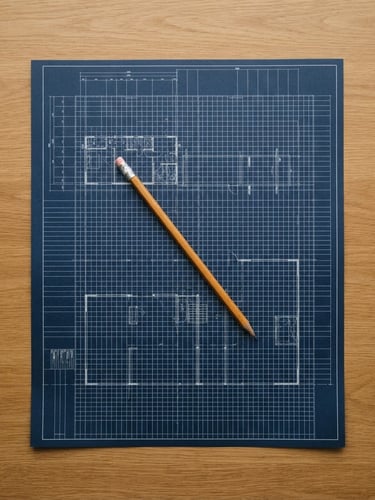 Overhead flat-lay of a clean wooden desk, a single sharp pencil resting on a blank architectural blueprint, soft natural north-facing daylight, minimalist editorial, 35mm